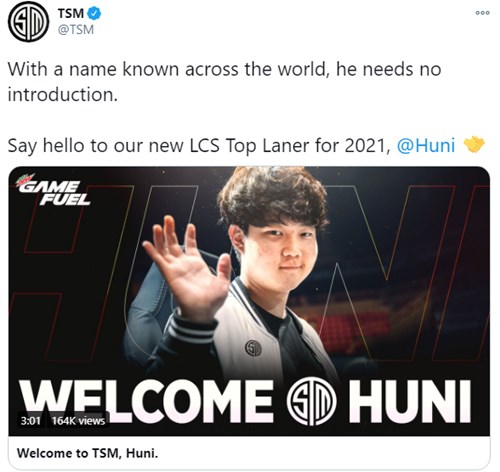 “TSM宣布上单选手Huni加入