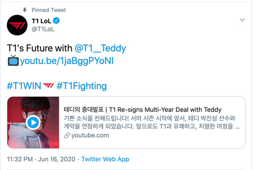 “T1推特宣布再次与Teddy续约两年