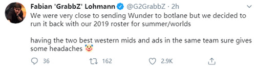 “G2教练更新推特表示即将回归2019年夏天的阵容